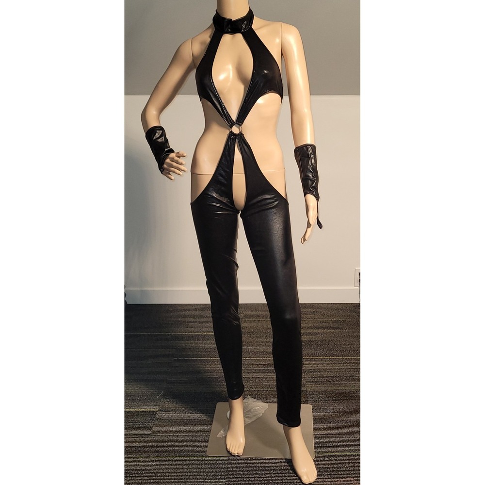 Black Faux Leather Cutout Halter Jumpsuit